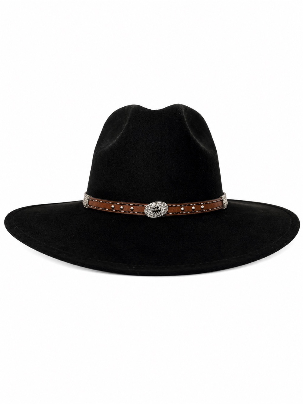 Black Felt Western Fedora with Brown Leather Band